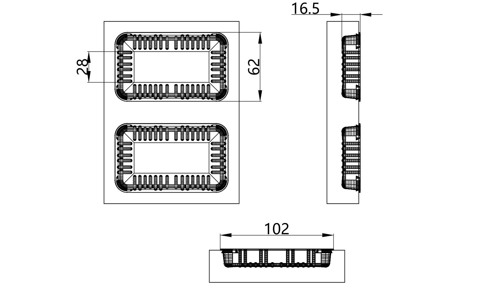 Custom cavity structure for Long Rectangular Tray